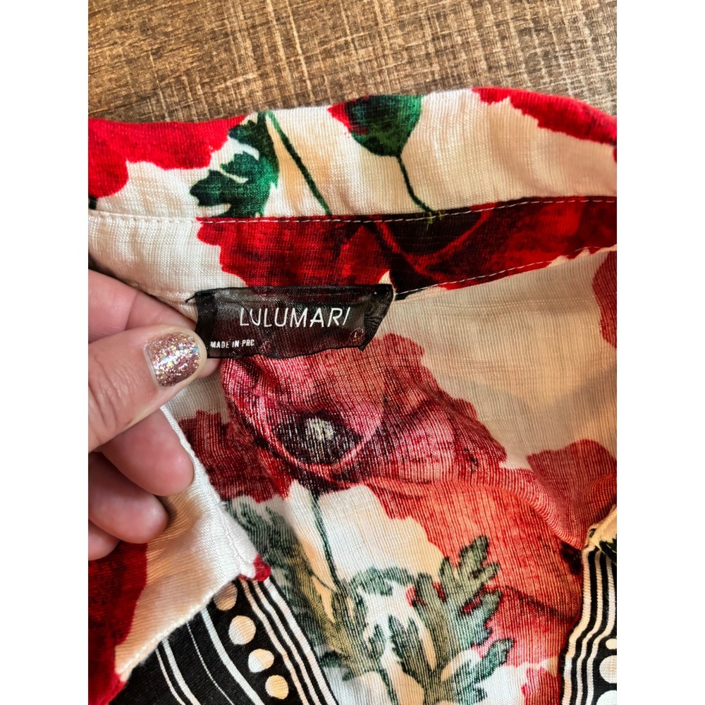 Lulumari Women Red Poppy Floral 2 Piece Set Wrap Crop Top Wide Leg Pants Large - Picture 3 of 6